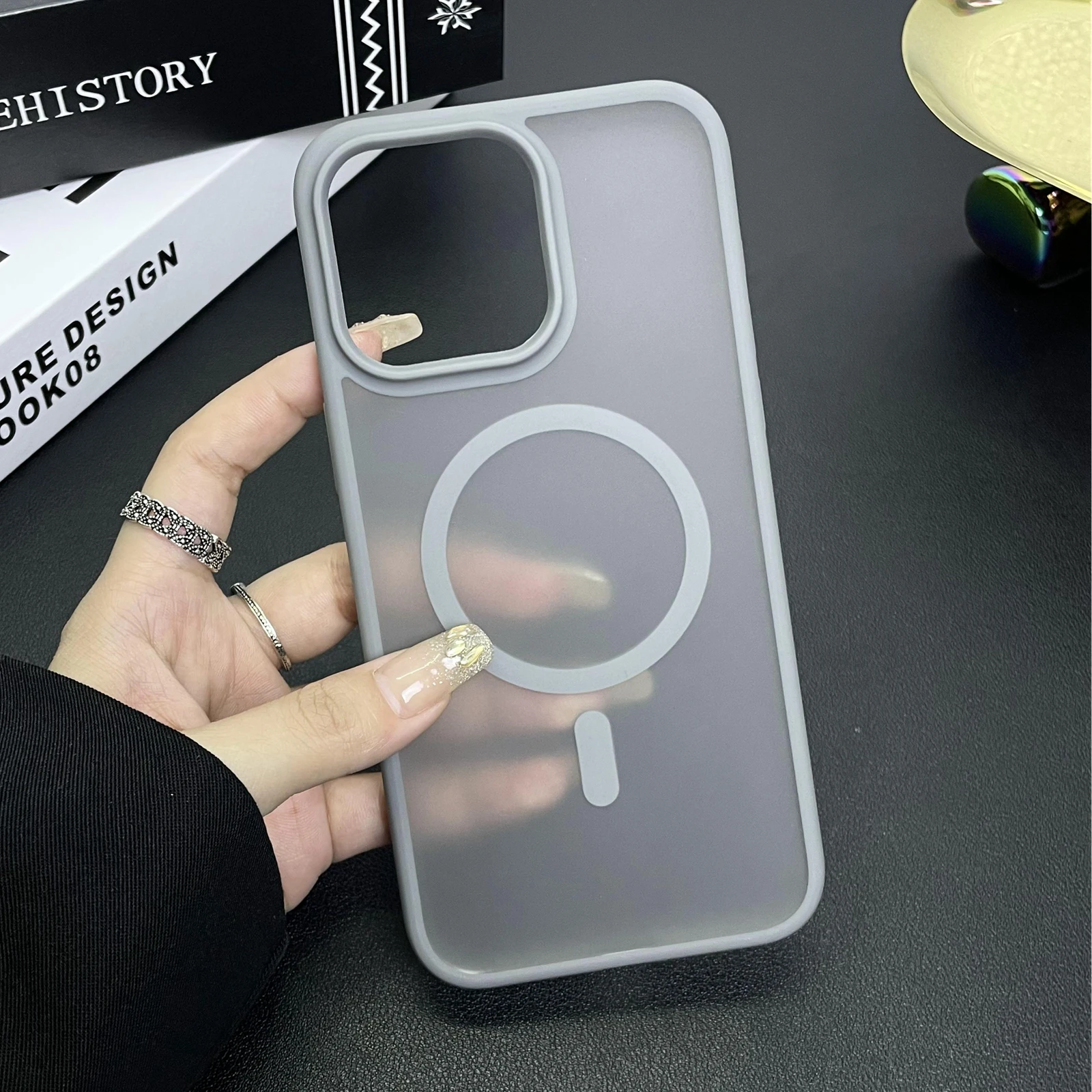 For Magsafe Phone Case for iPhone 11 12 13 14 15 Pro Max Plus with Lens Protector Charging Slim Matte Translucent Grey Cover