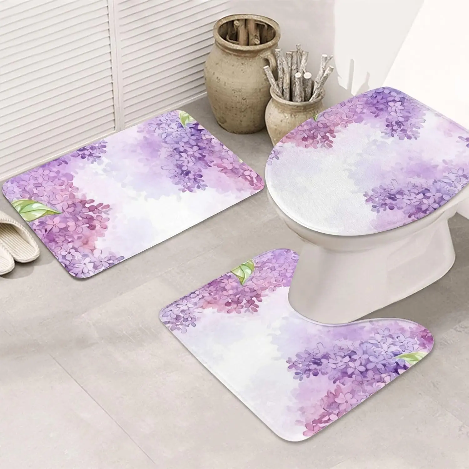 Lilac Flowers in Blossom Bathroom Rugs Sets 3 Piece, Non Slip Absorbent Bath Rug U-Shaped Contour Toilet Rug with Toilet Cover