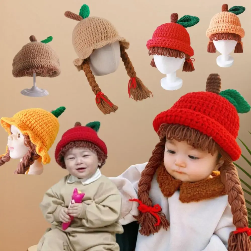 

Fashion Cartoon Wig Knitted Hat Bow Cherry Baby Beanie Cap Wool Korean Style Kids Warm Hats Newborn