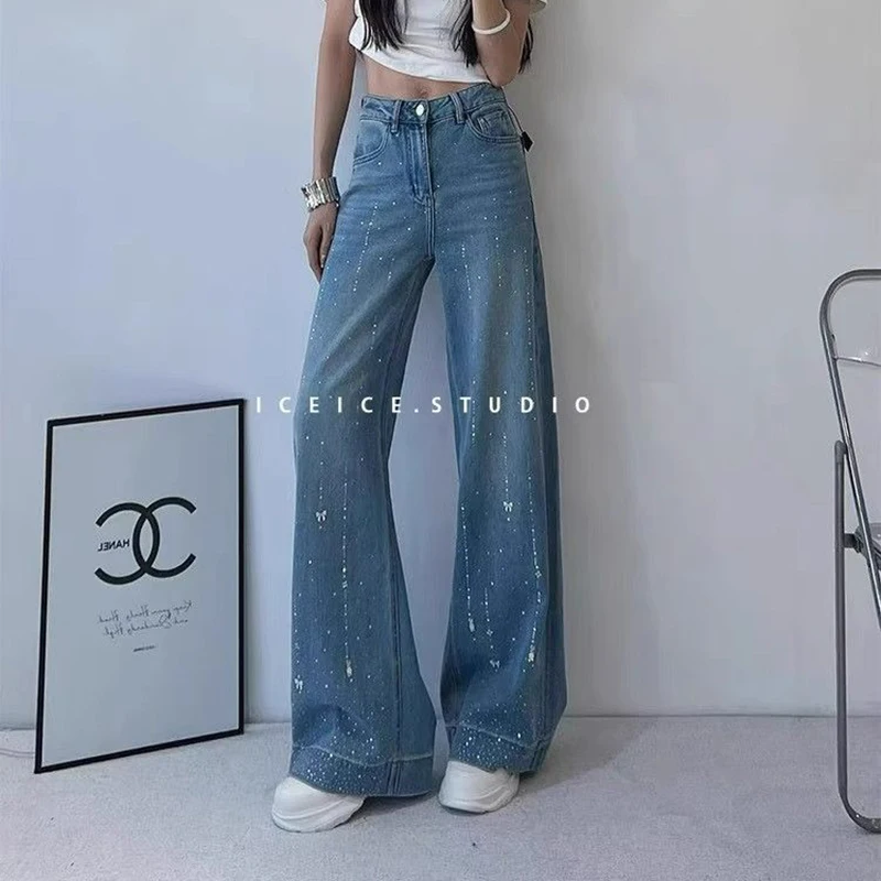 

Женские синие свободные прямые джинсы Y2k Hot Diamond Bow в американском консервативном стиле в стиле ретро в стиле хип-хоп с высокой талией и широкими штанинами в пол 2000-х годов