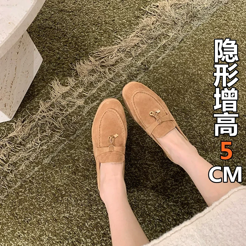 Women's Fringe Lock Buckle Heightening Bean Bean Cashmere Slip-On Shoes Spring 2026 Fashion Retro Style round Toe mid Heel