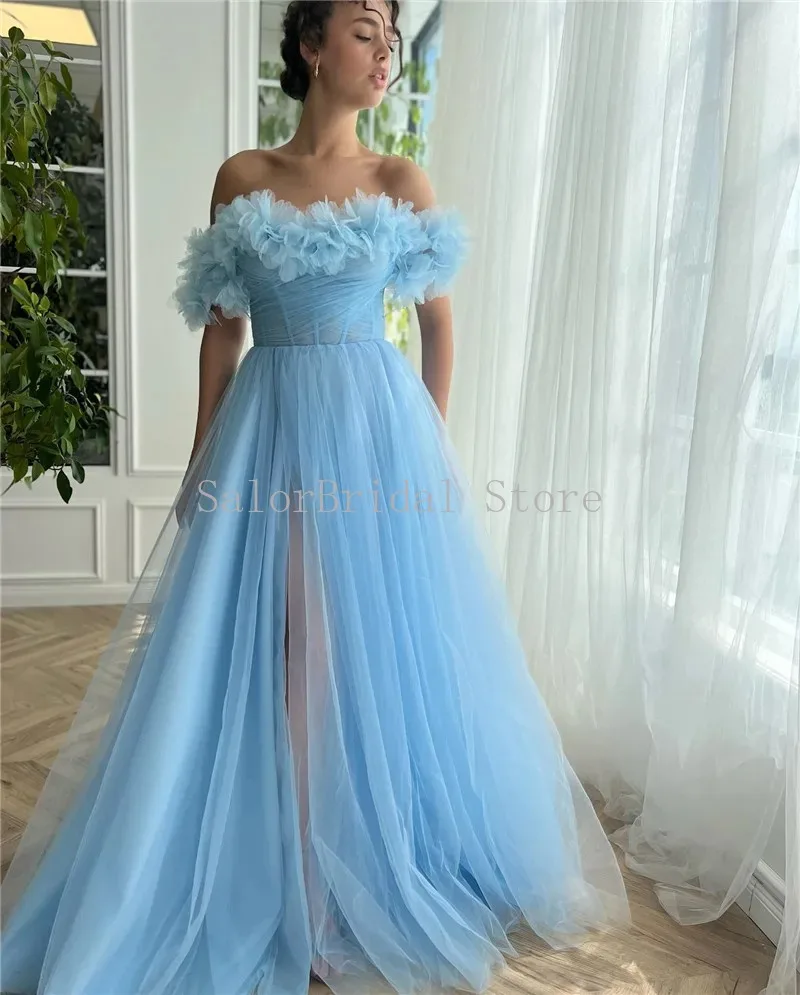 

Sexy Prom Dress for Women Off Shoulder Sleeveless Evening Gowns Lace Floor Length Tulle Party Long Slit Dresses Robe De Soirée