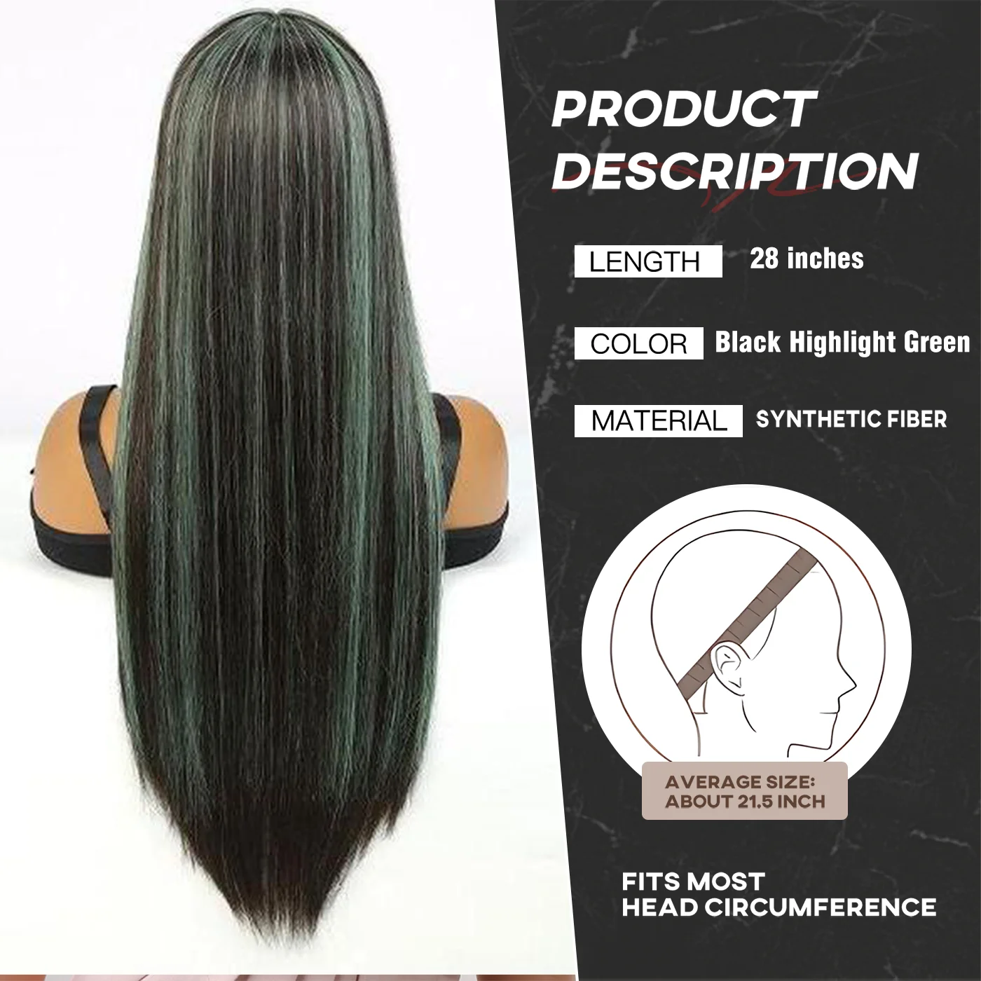 Black Highlight Green Synthetic Wigs Multicolor Long Straight Green Wig with Bangs For Women Natural Cosplay Party Christmas Wig