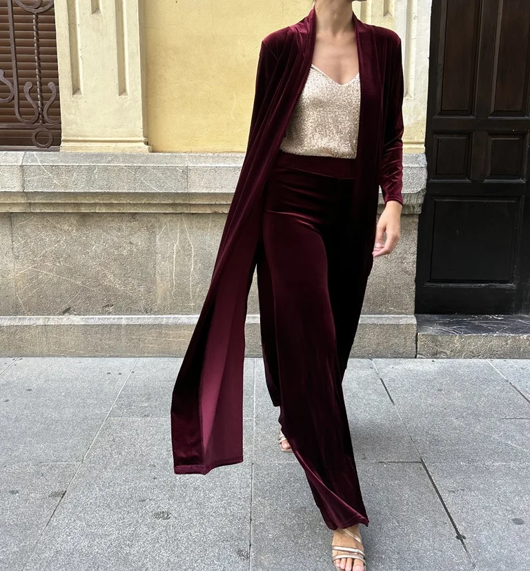 Two Piece Sets Women Solid Long Cardigan Full Sleeve Tops Wide Leg Pants Suits Midi Waist Solid Loose Fit Autumn Winter