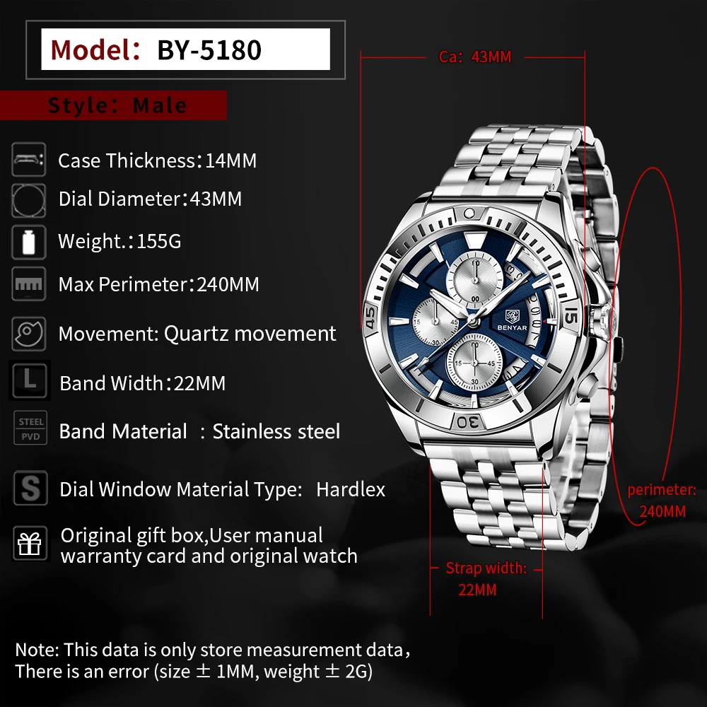 2025 جديد BENYAR ساعات كوارتز رجالي العلامة التجارية الفاخرة كرونوغراف سرعة الرياضة ساعة للرجال الفولاذ المقاوم للصدأ ساعة مقاومة للماء هدية