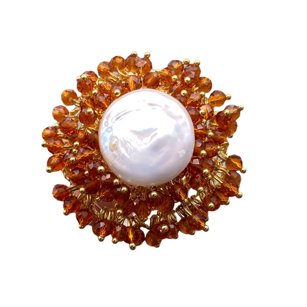 White Coin Pearl Brown Crystal Gold Plated Adjustable Ring - Image 3