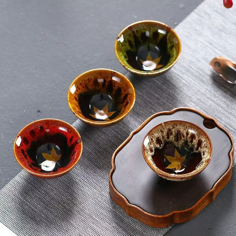 

Japanese Style Tea CupJian Zhan Kiln Transformation Glaze with Leaf Unique Master's Cup for Gongfu Tea cups