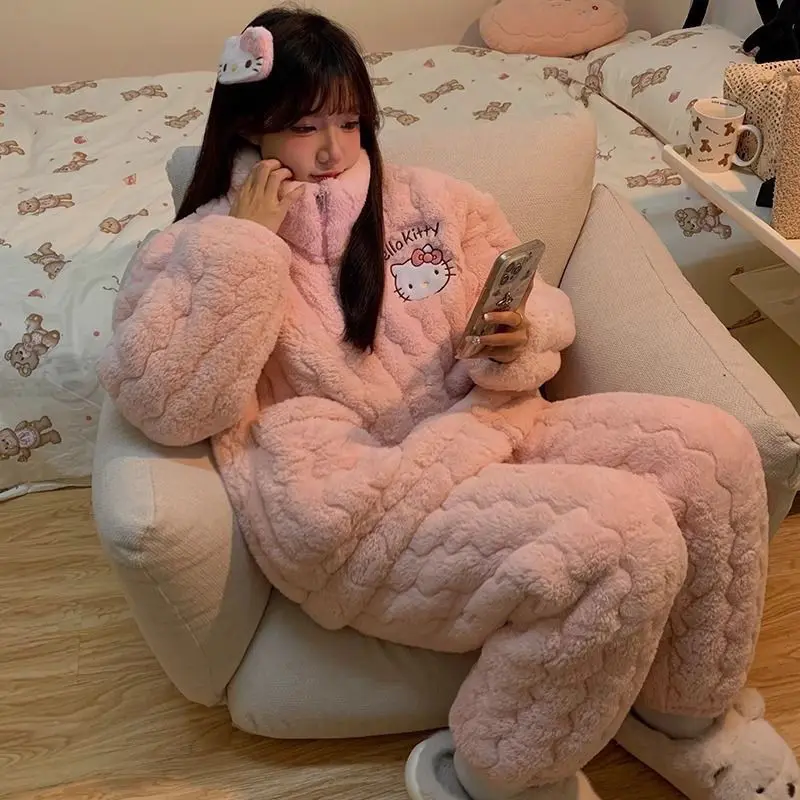 

Sanrio осенне-зимние пижамы, 2 шт., утепленная флисовая пижама «Hello Kitty», на молнии, теплая, новый стиль, коралловая домашняя одежда для девочек