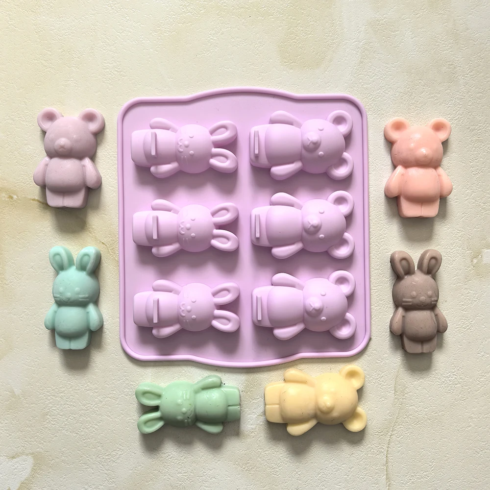 1 peça de urso de 6 cavidades, molde de silicone em forma de coelho, perfeito para bolos, sobremesas, geléias, biscoitos, assadeiras, etc.
