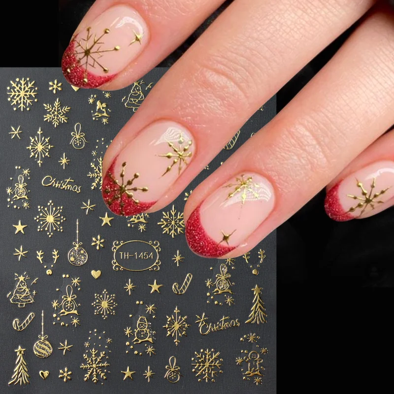 2pcs Golden Christmas Nail Art Stickers Sparkling Snowflake Bowknot Adhesive Sliders New Year Santa Tree Manicure Decals Decor