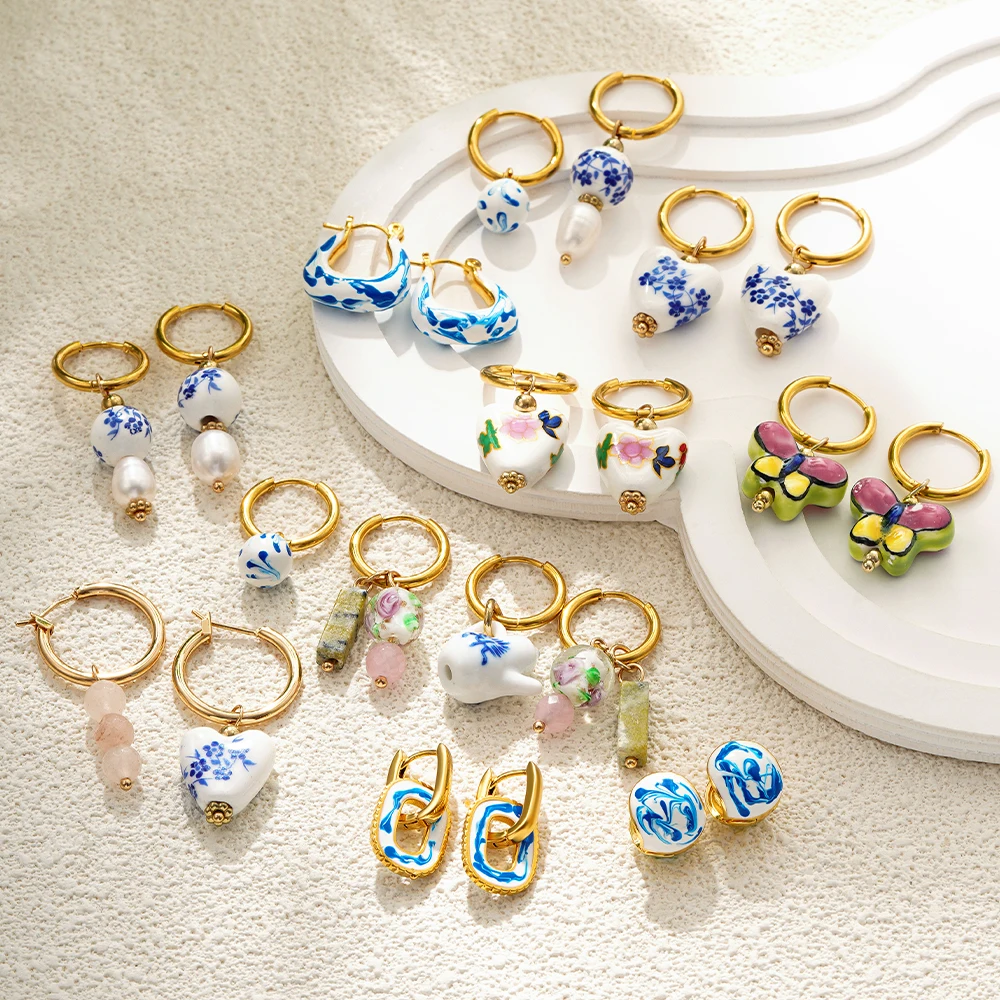 Fashion Blue and White Porcelain Asymmetric Drop Earrings Vintage Ceramic Round Stainless Steel Hoop Earring Exquisite Jewelry