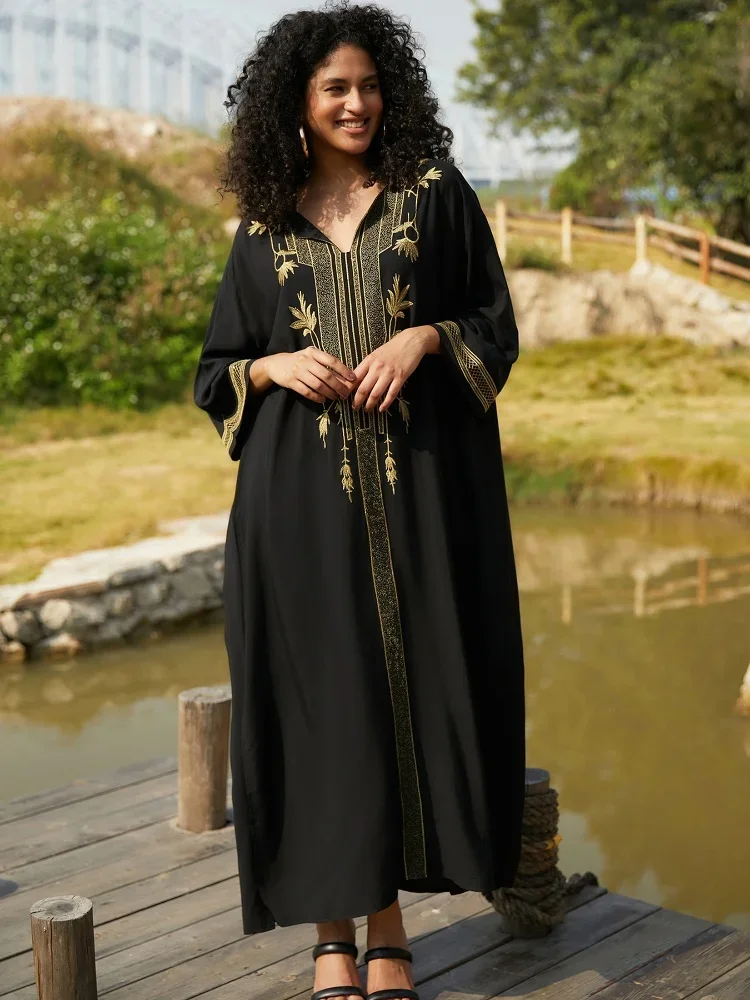 Bohomian Golden Embroidered Women Printed Kaftan House Robe Oversized 2024 Summer Women Beach Wear Lounge Maxi Dresses Q1659