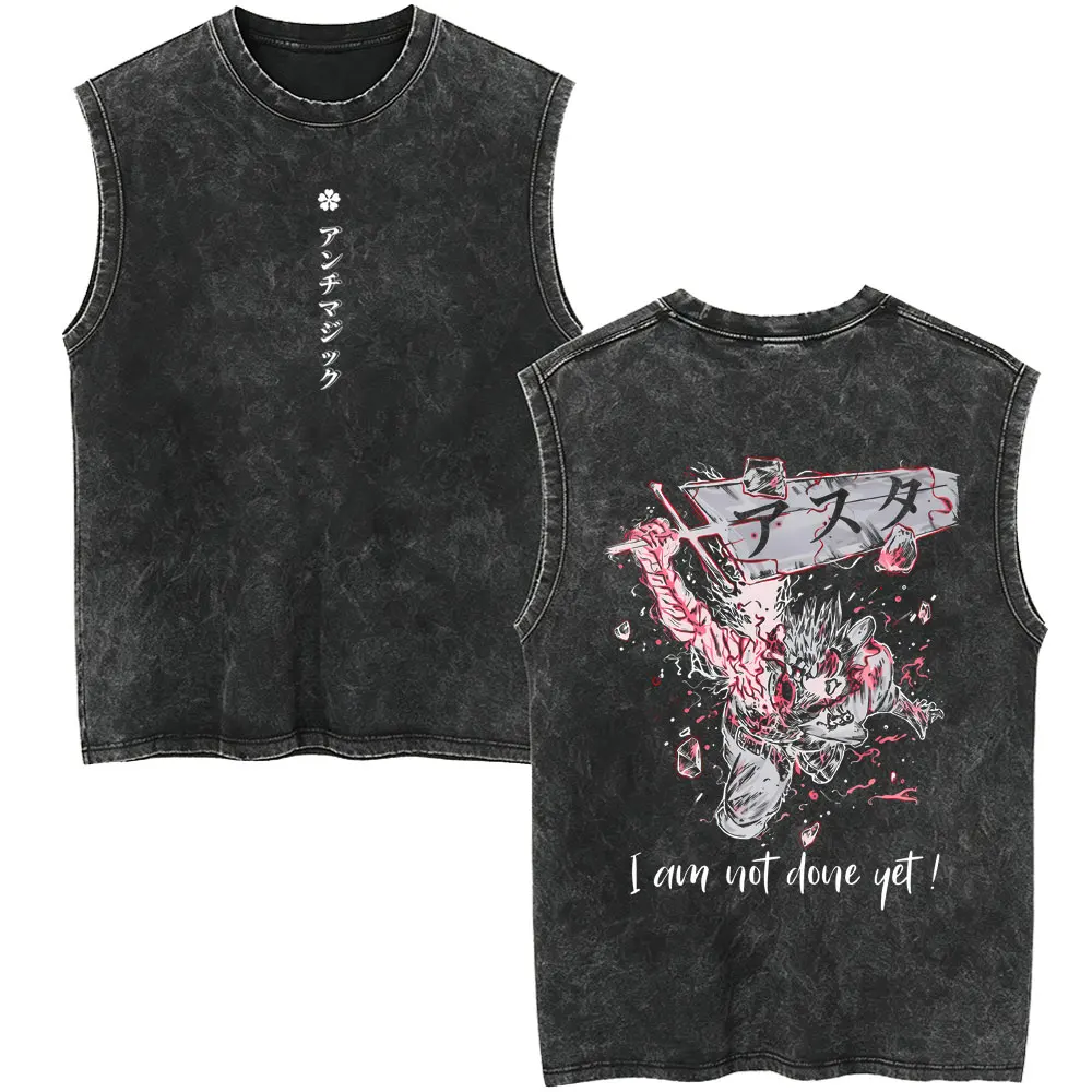 Anime Black Clover Asta I Am Not Done Yet Merch Vintage Washed Tank Tops Men Women Oversized Sleeveless Vest Male Manga T-shirt