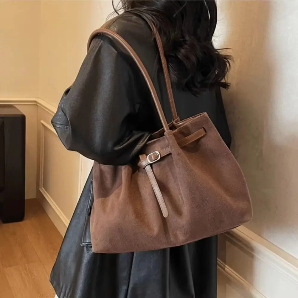 Korean Style Suede Tote Bag Solid Color Buckle Belt Decorative Matte PU Handbag Brown Large Capacity Suede Leather Shoulder Bag