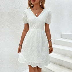 2024 New Summer V-neck Dress White Short Sleeved Women's Fashion Hooked Flower Hollow Lace Dresses Open Back Lace Up Dress