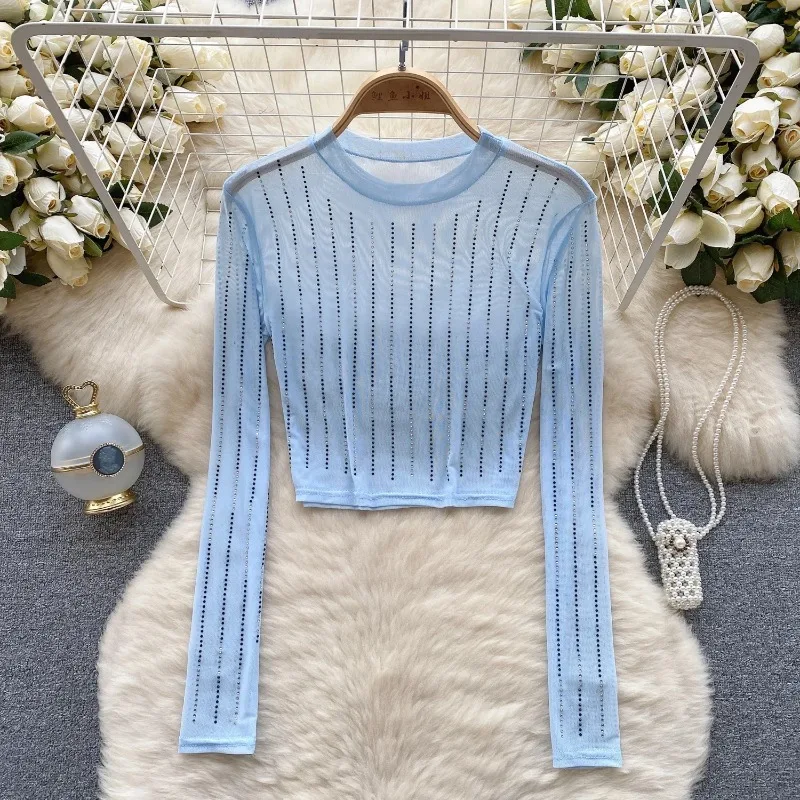 Women Chic Gauze Mesh Sheer O-neck Long Sleeve Rhinestone Crop Top Solid Slim Sexy Korean T-shirt Fashion Summer Women Shirt