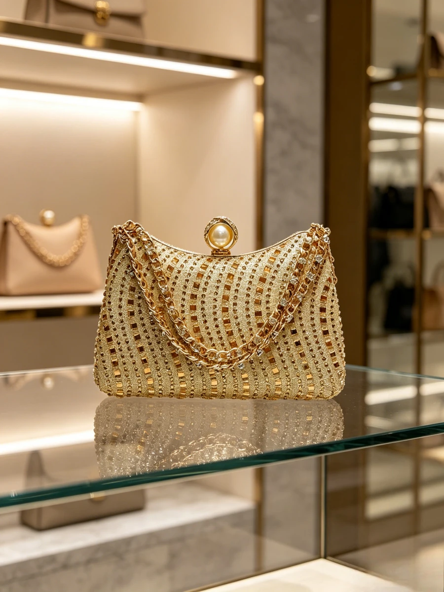 Luxury Gold Grid Rhinestone Evening Clutch Bag With Pearl Clasp & Chain Strap, Hard Shell Formal Dinner Hand Purse For Mature