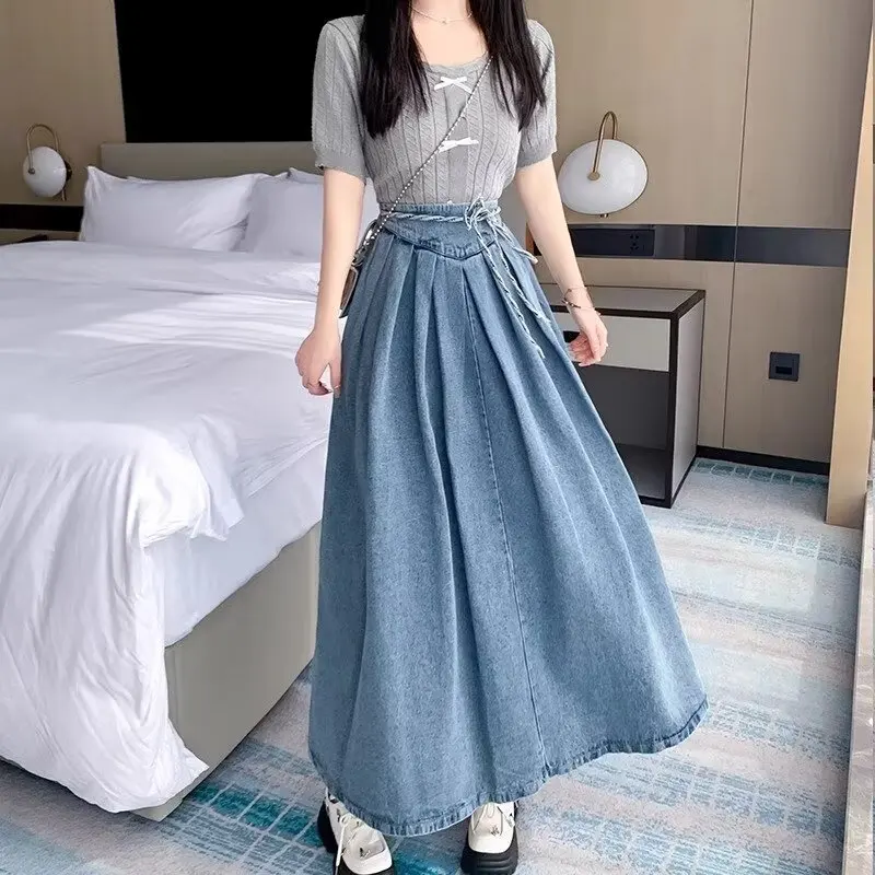 Korean Vintage Trendy Long Skirts for Women Fashion Simple All-match Jeans 2024 Summer New Popular Half-body Skirt