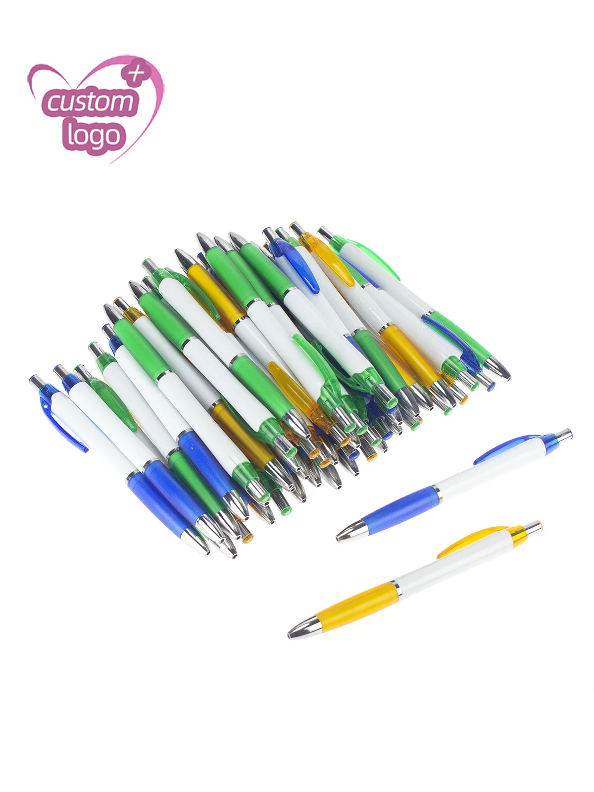50pcs Customize Logo Plastic Ball Pen Color Grasp White Barrel Retractable Ballpoint  Promotion Gift Add Text Wholesale Business