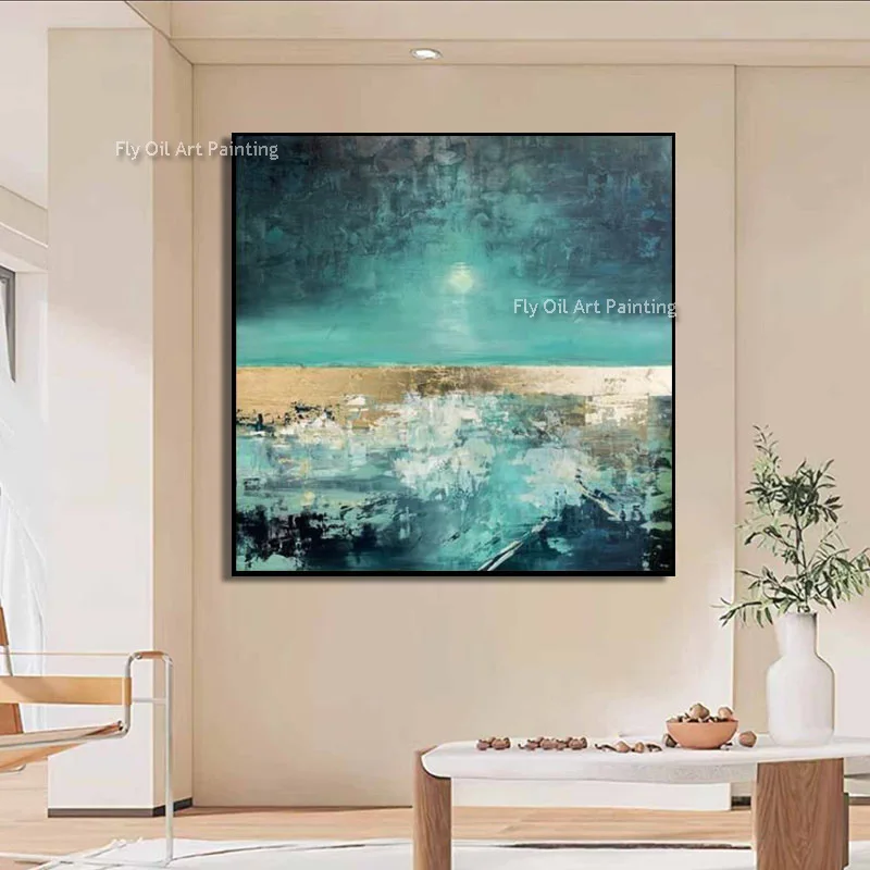 Handmade Palette Knife Seascape Oil Painting, Textured Teal Ocean Canvas, Abstract Coastal Luxury Wall Decor