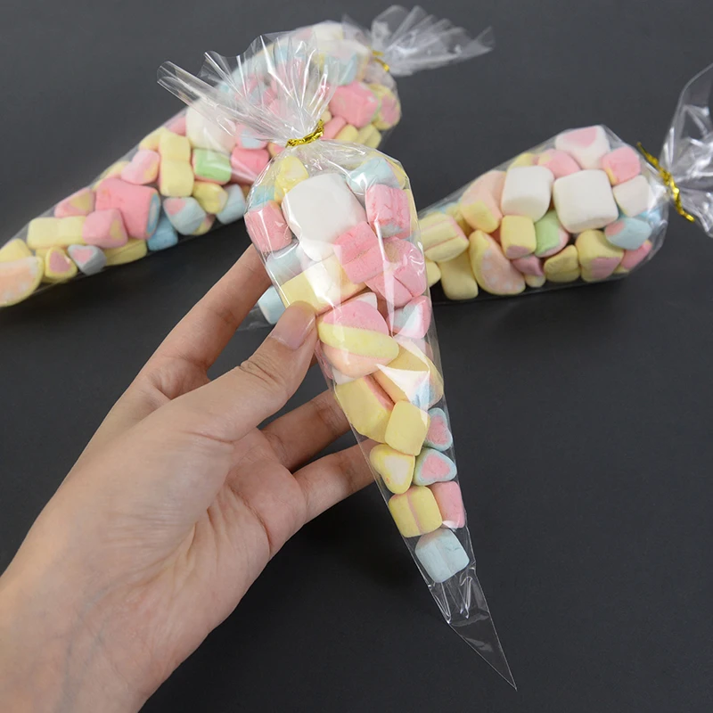 50Pcs 3 Sizes Transparent OPP Plastic Bags Wedding Birthday Party Decoration Popcorn Candy Packaging Bags Cone Storage Bag Favor