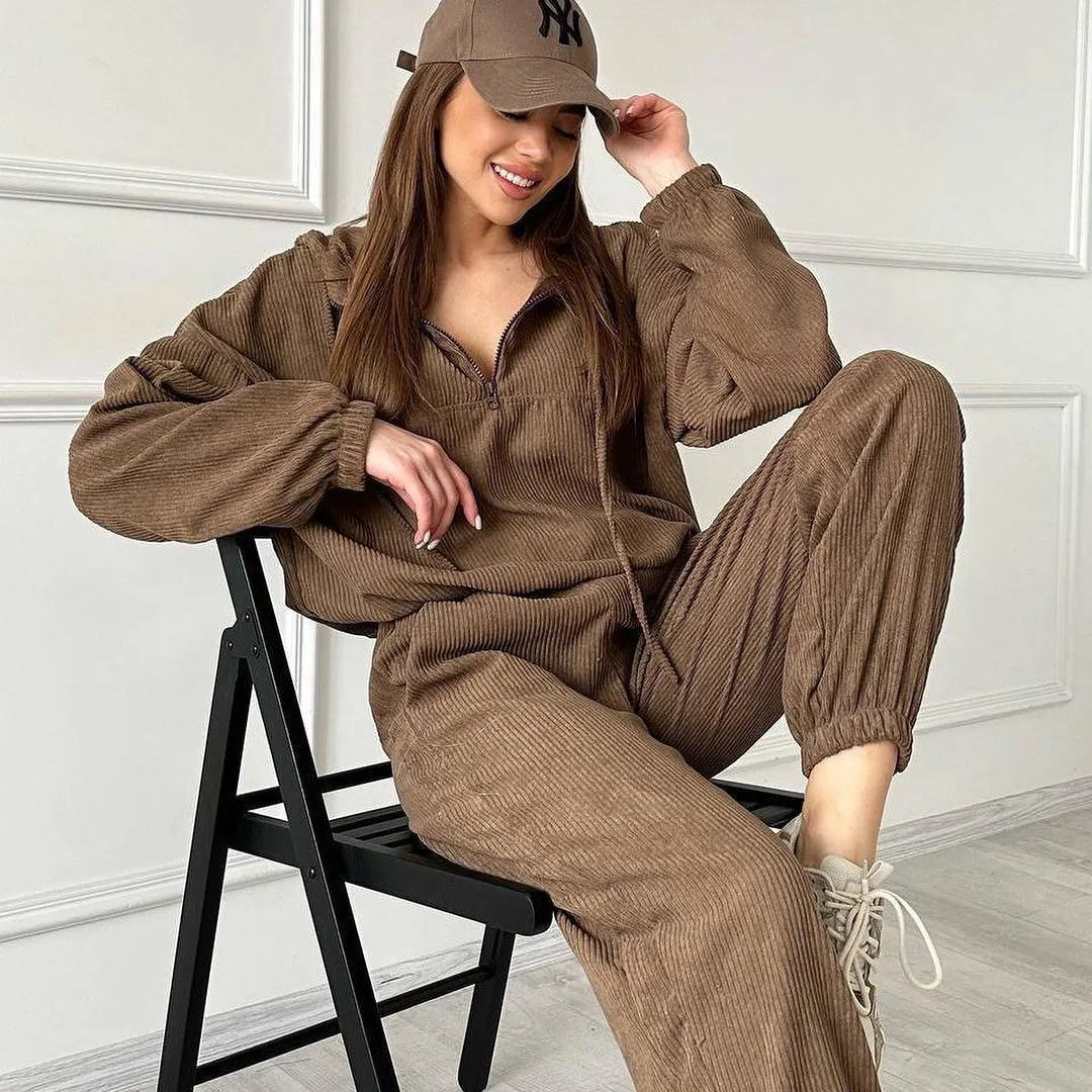 

European and American autumn and winter new women's two-piece set fashionable loose slim trendy pullover hoodie tying pants
