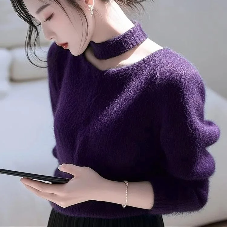 

Purple Knitted Sweater Women's Winter High-End Beautiful Unique Soft Cozy Inner Wear Knitted Top Polyester Fiber 00%