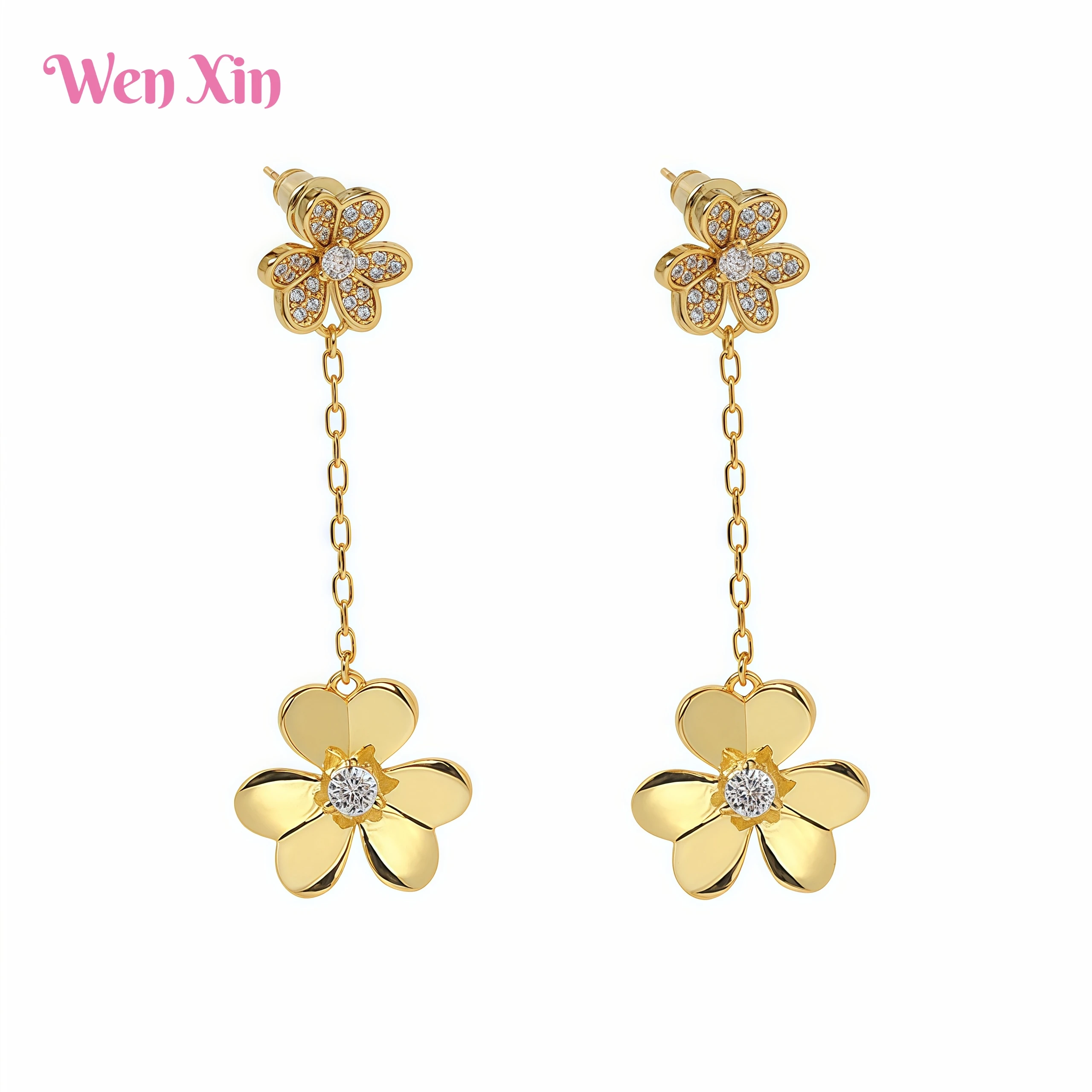 

WENXIN Brand MUSHAN MCT New Hot Selling Fashionable Three Leaf Flower Diamond Studded Tassel Long Earrings Accessories