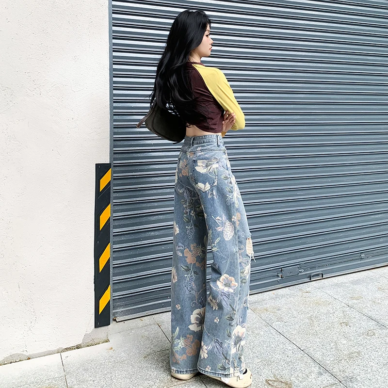 Jean Y2k pour femme, imprimé rétro américain, déchiré, ample, jambe droite, longueur au sol, Streetwear, nouvelle collection été 2025