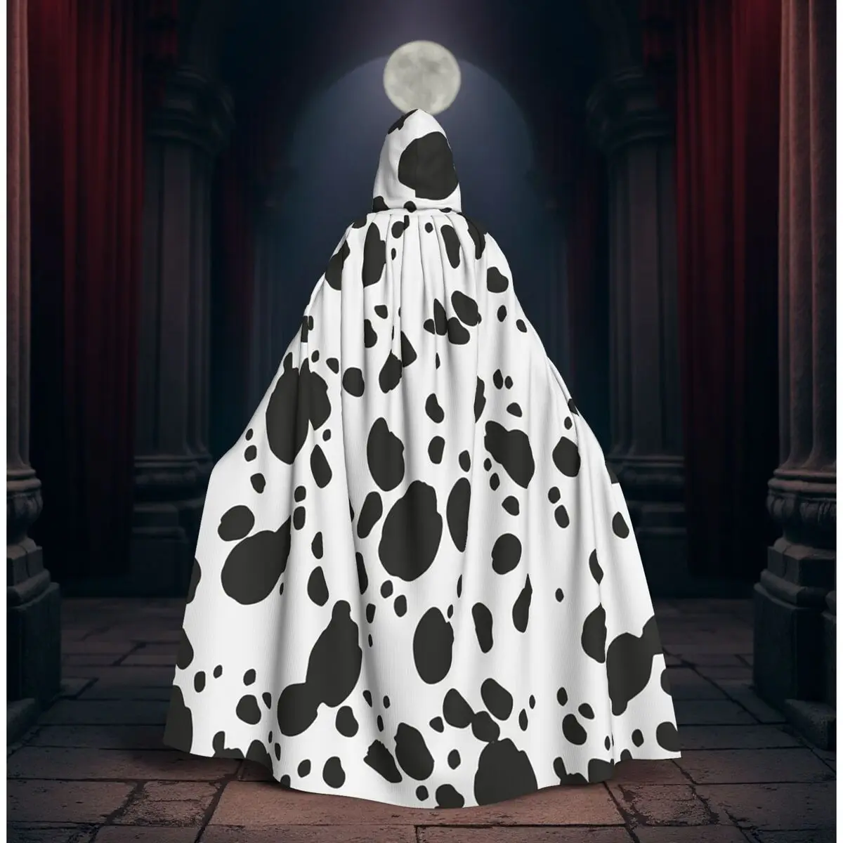 

Black And Amp White Animal Print Dalmatian Dog Print Long Hooded Cloak Witch Medieval Costume Cosplay Cape HalloweenVampire