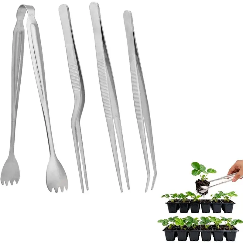 

ABFU-Seedling Transplant Tong & 3Pcs Tweezers Set, Stainless Steel Long Thin Seed Seedling Transplanting Pliers Planting Tool