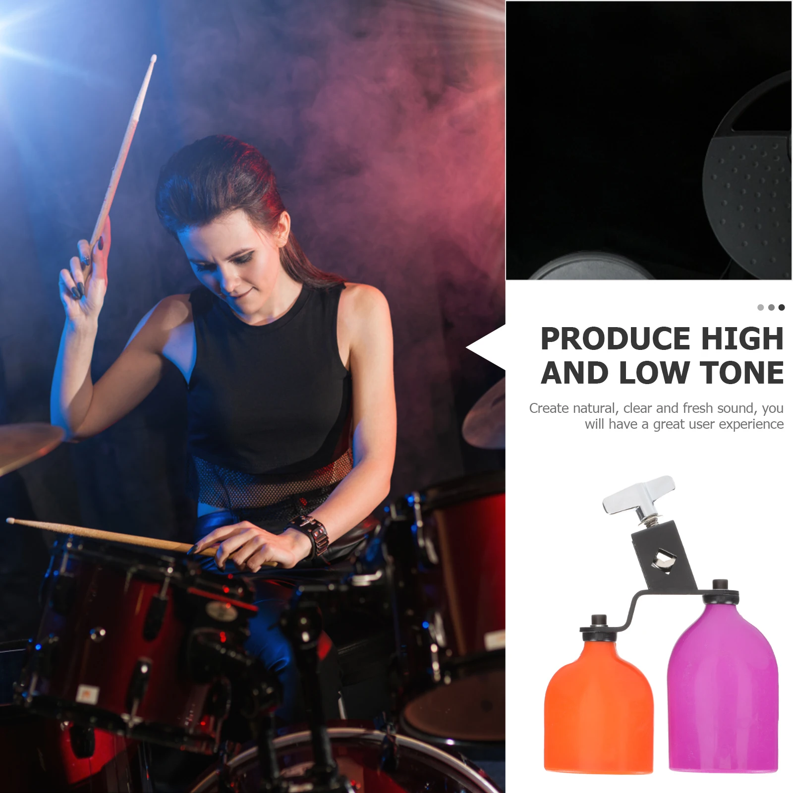 

Percussion Instrument High Low Tone Cowbell 2 Color Iron Plastic Clear High Low Tone Cowbell Sound Drum Kit St