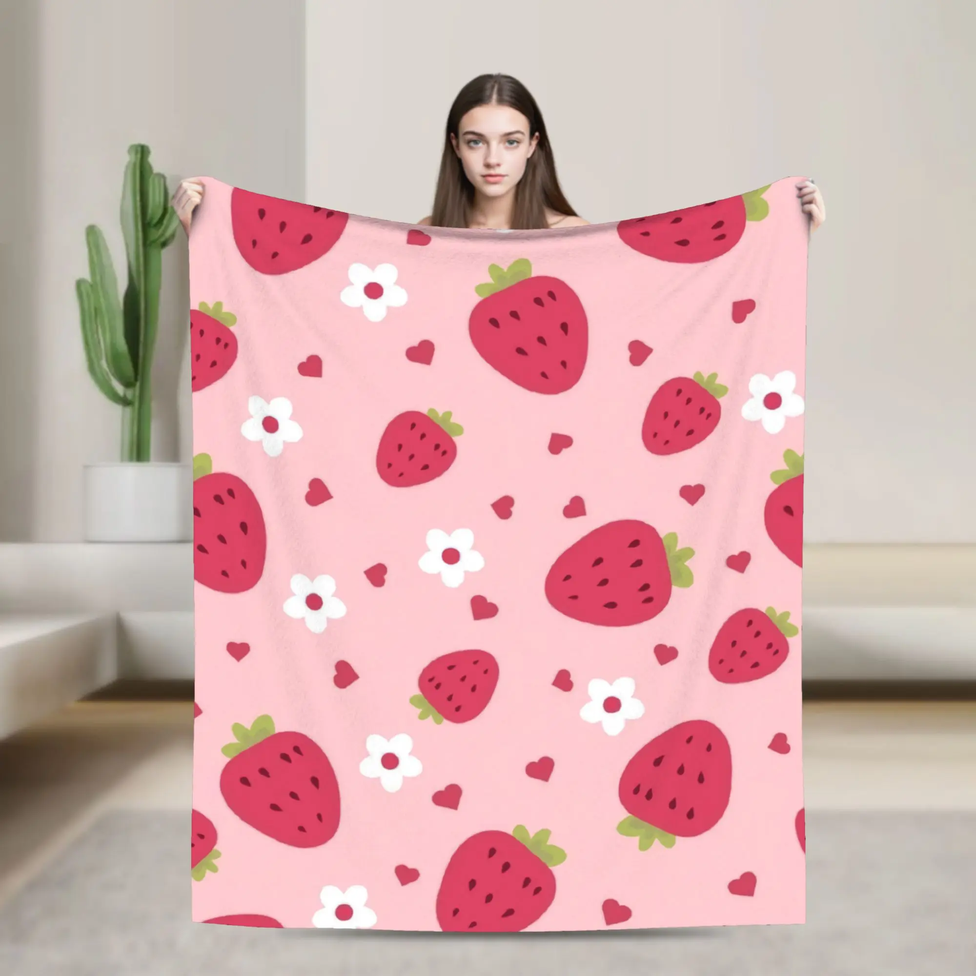 Strawberry Valentine Romantic Floral Blankets Fleece Air Conditioning Multi-function Warm Throw Blanket for Bed Travel Rug Piece