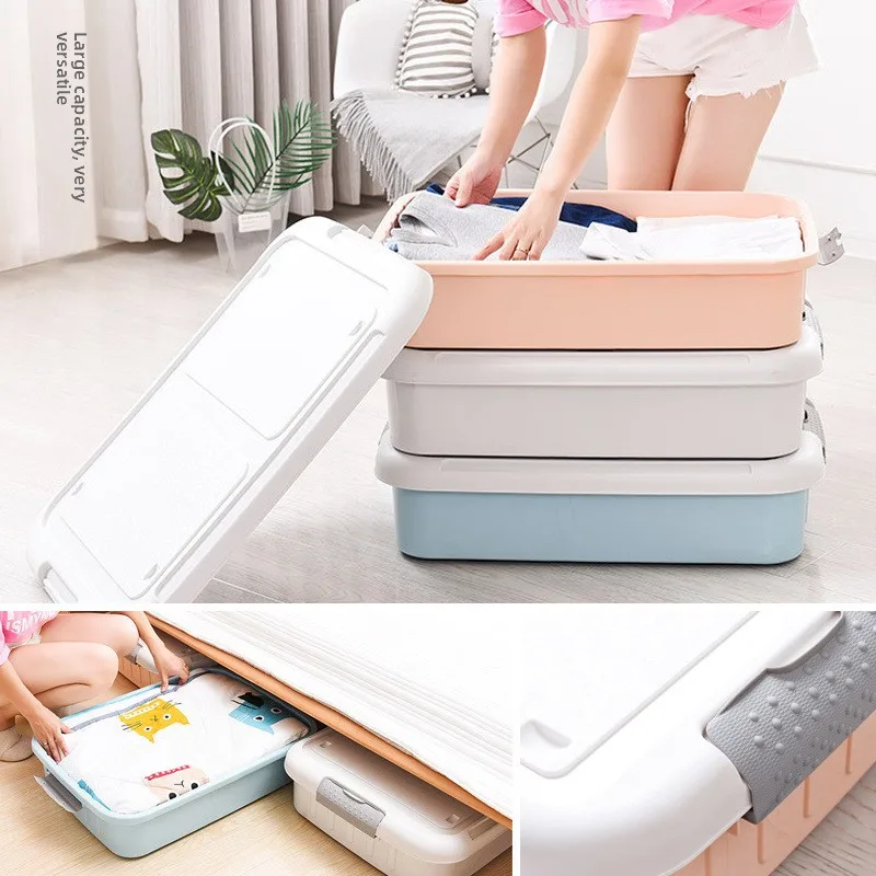 Plastic Under Bed Storage Box Large Flat Clothes Container with Lid Rolling Wheels Secure Lock Handles Moisture Proof  Organizer