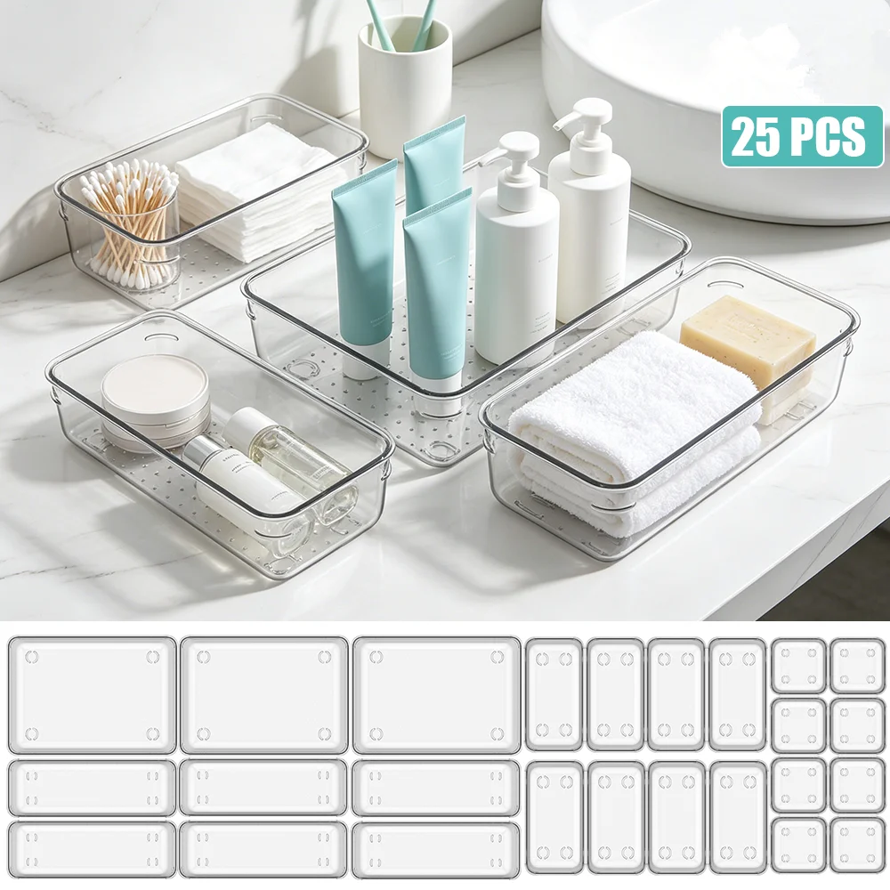 25-teiliges Set Transparente Schubladenorganizer, Durchsichtige Schreibtisch-Trennfächer, Aufbewahrungsbox für Büro, Make-up, Schmuck und Kleidung