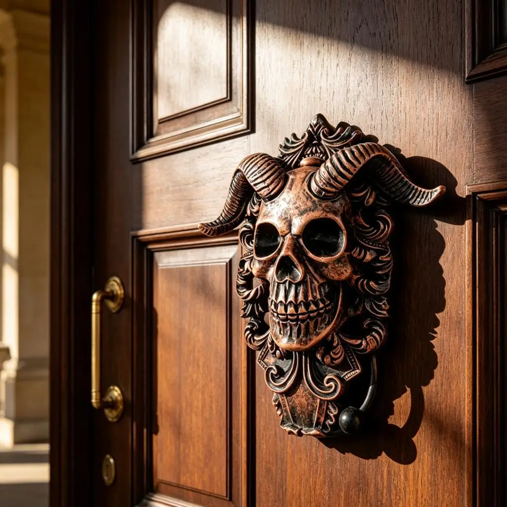 Sheep Skull Head Statue Resin Door Knocker Decorative Skull Hanging Wall Mounted Gothic Ring for Viking Home Decoration