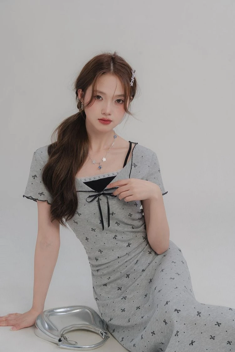 Schickes, kurzärmliges Maxi-Bodycon-Kleid in A-Linie mit Schmetterlings-Schleifenkragen, geripptes, zweiteiliges, schlankmachendes langes Kleid für den Frühling und Sommer