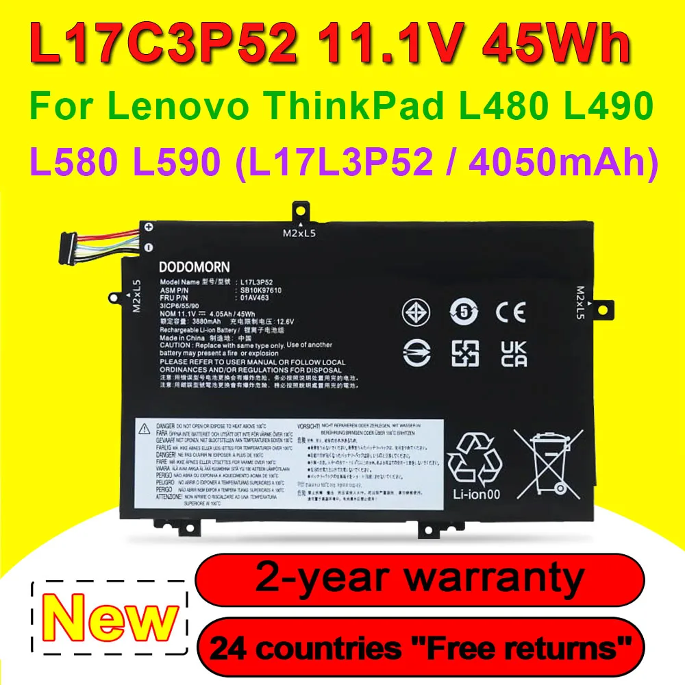 

Аккумулятор для ноутбука L17L3P52 L17C3P52 для Lenovo ThinkPad L480 L490 L580 L590/L14 Gen 1 01AV463 01AV466 SB10K97610 11,1 В 45 Втч 4050 мАч