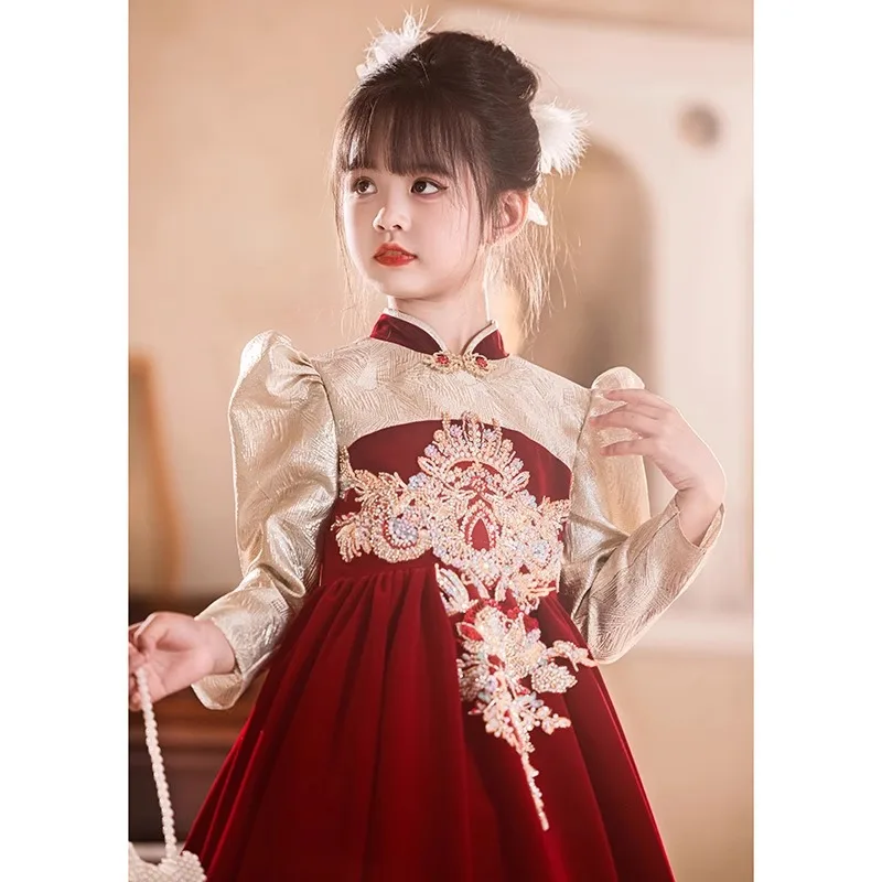 Children's Dress Red Spring and Autumn High-end Light Luxury Niche Girl's Beautiful Princess Dress Host Birthday High-end Feel