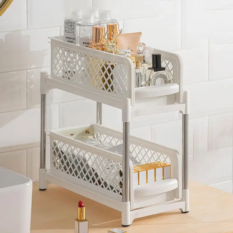 2 Tier Pull Out Under Sink Countertop Shelf Slide Cabinet Rack Organizer Bedroom Bathroom Cosmetic Storage Rack Kitchen Supplies