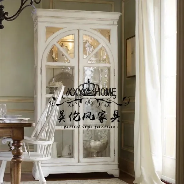 

American-Style Solid Wood Dining Room Wine Cabinet Showcase French Retro Distressed Living Room Sideboard