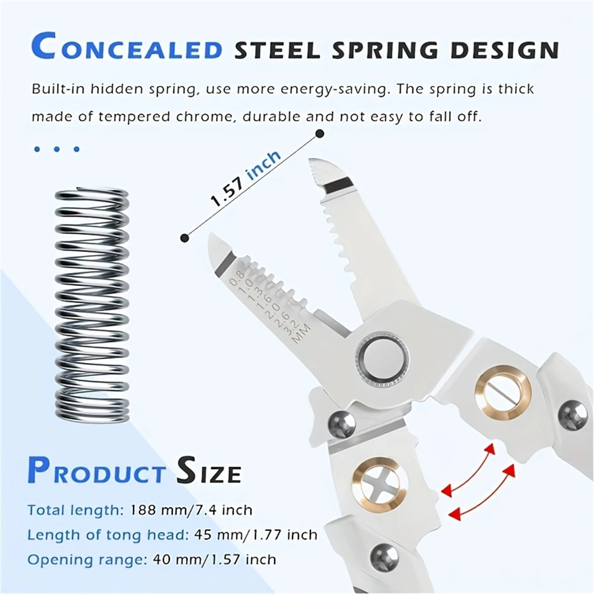 Heavy-duty stainless steel pliers and wire strippers for cutting, stripping, crimping, clamping, twisting, and removing nails