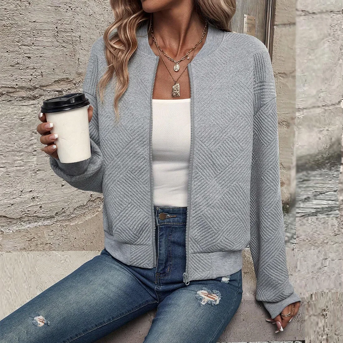 Damen Herbst- und Winterjacke, Neu, Einfarbig, Schlicht und Exquisit, mit Reißverschluss, Baseballkragen, Lässige Jacke – Detail 10