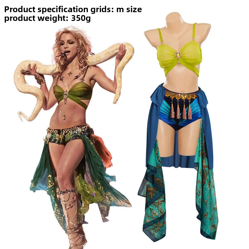 

Britney Spears Slave Costume Blue Stage Performance Dance Sexy Dress Bra Shorts Skirts Suit Women Halloween Carnival Party Suit