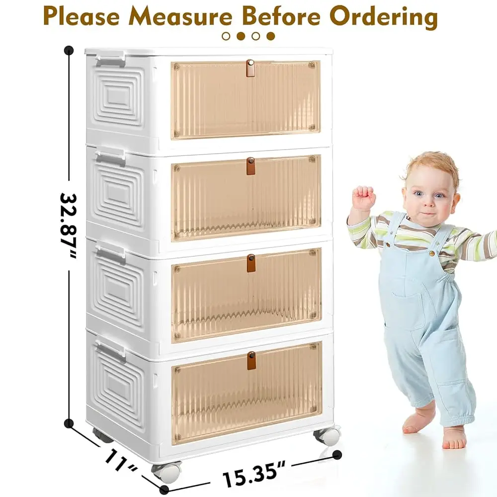 4 Tier Plastic Storage Bins And Boxes Organizer - Stackable With Lids For Bedroom, Living Room, Kitchen, Office - Foldable