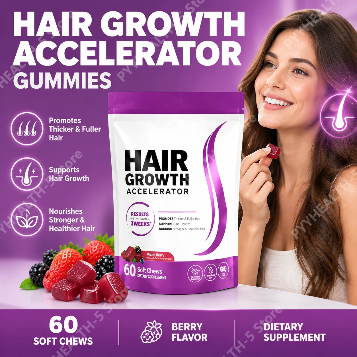Biotin Hair Growth Soft Chews Supplement, Support Fuller Thicker Hair, Vitamin C & E for Healthy Hair Nourishment, 60 Gummy