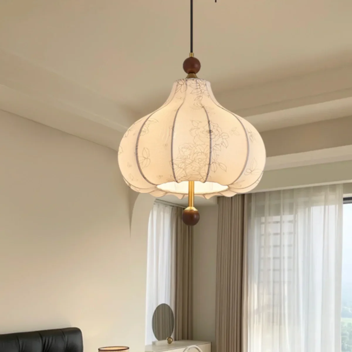 SANDYHA Vintage LED Chandelier Fabric Pattern Wood Hanging Lamp for Bedroom Dining Room Bar Home Decor Stylish Light Fixture