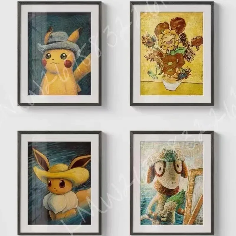 New Van Gogh Museum Pokemon Anime Figures Pikachu Watercolor Painting Canvas Posters and Prints Wall Art Picture for Living Room