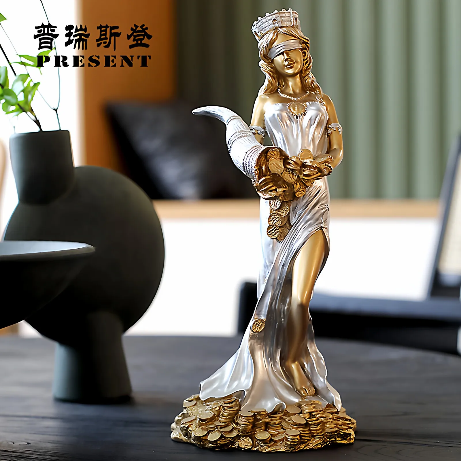 Resin Wealth Goddess Statue European Greek Style Figurine Desktop Ornament for Home Office Shop Creative Grand Opening Gifts