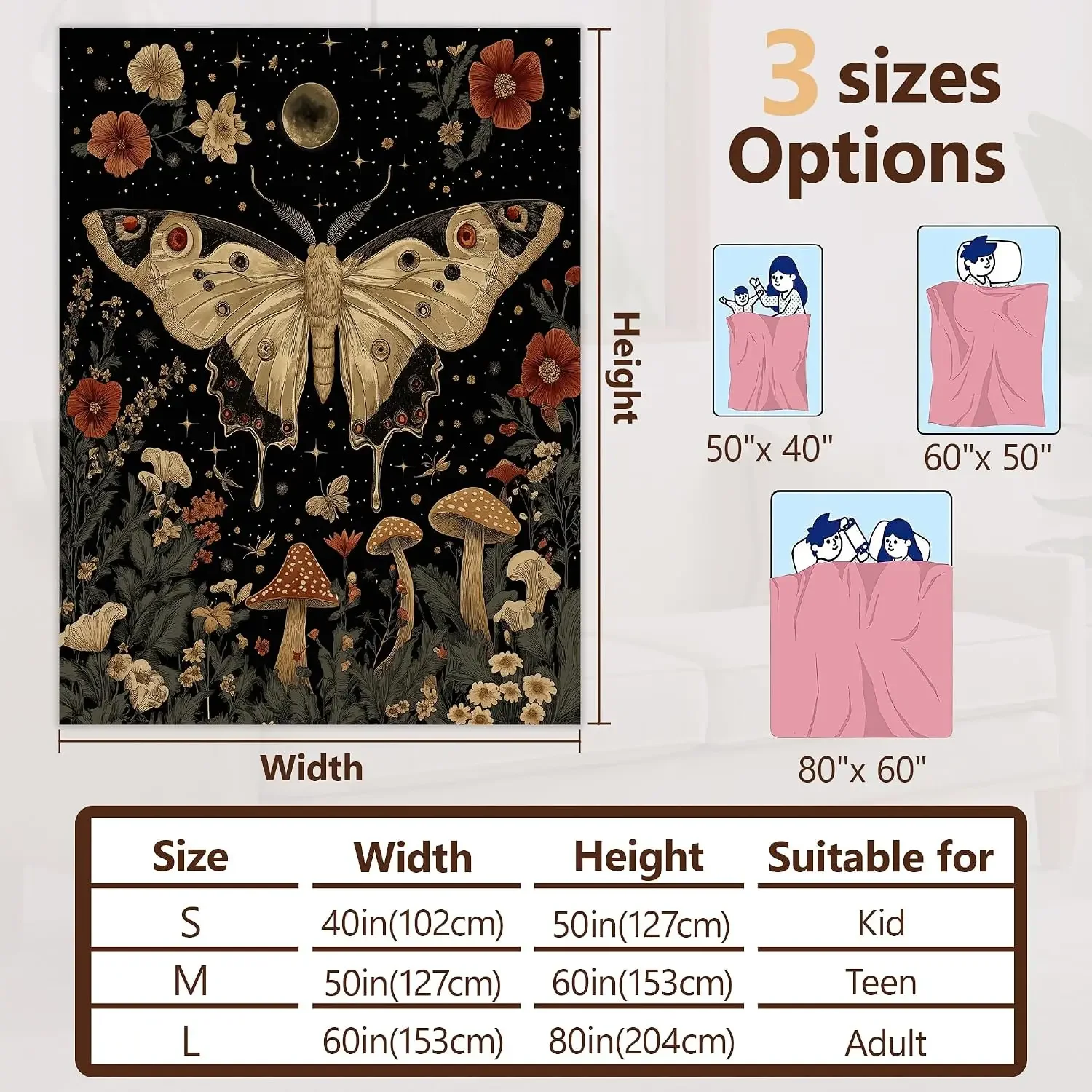 Dark Cottagecore Moth Moon Star Floral Spotted Toadstool Botanical Flannel Throw Blanket, Warm Cozy Blanket, Dark Academia Room